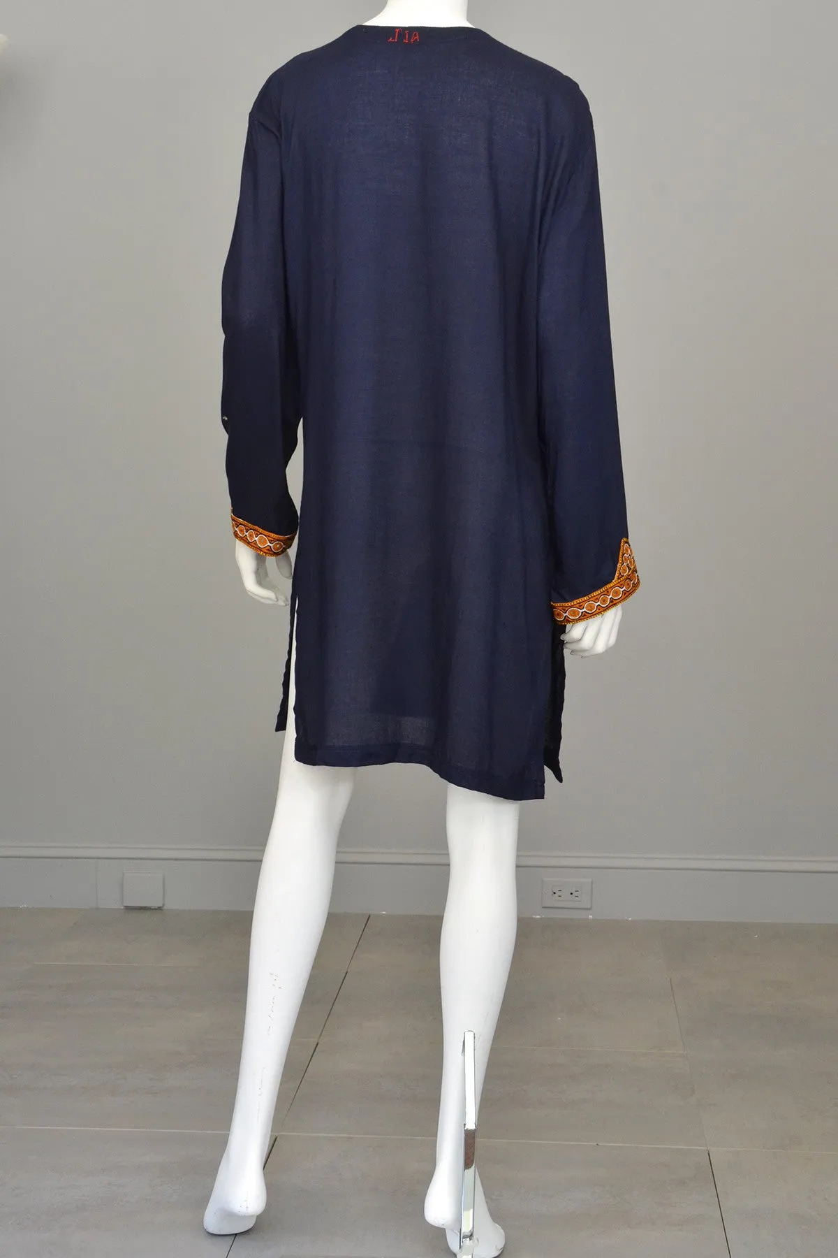 Navy Blue Gold Embroidered Mirrors India Tunic, Size L