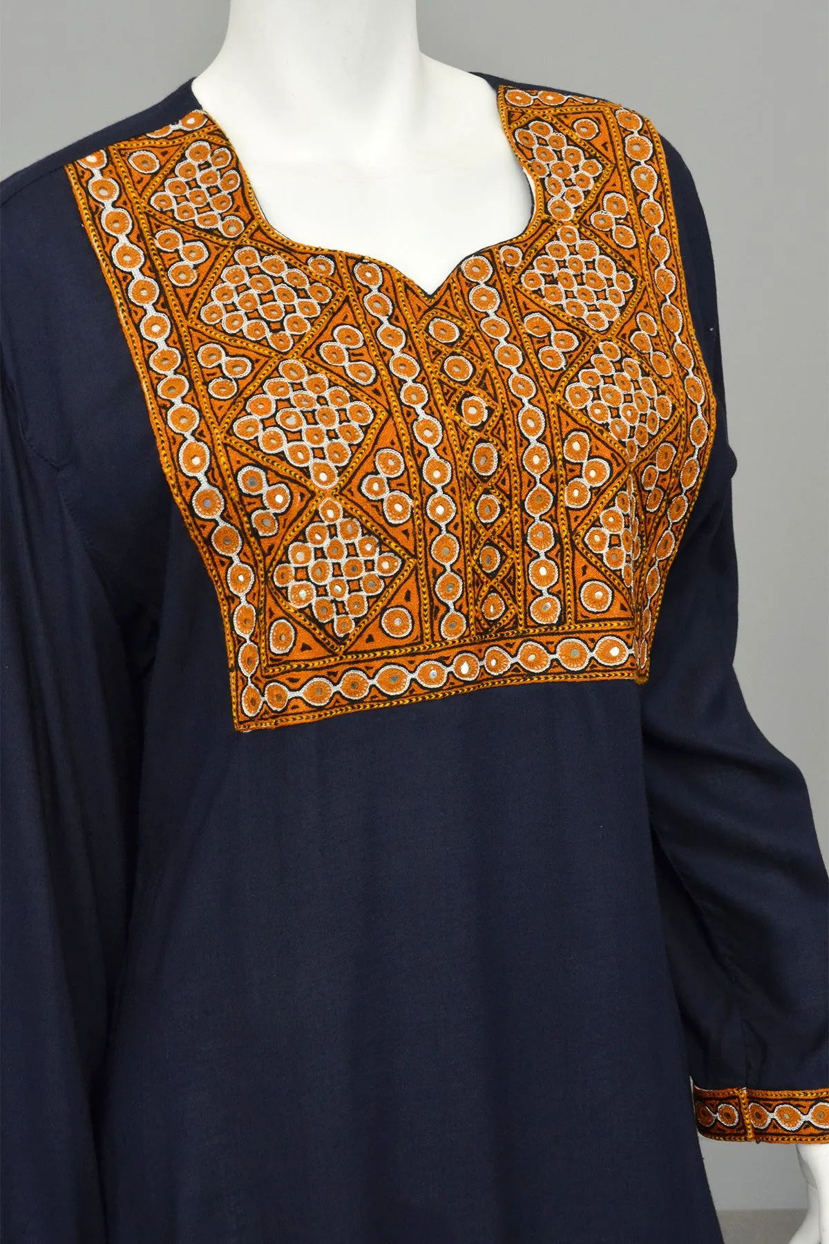 Navy Blue Gold Embroidered Mirrors India Tunic, Size L