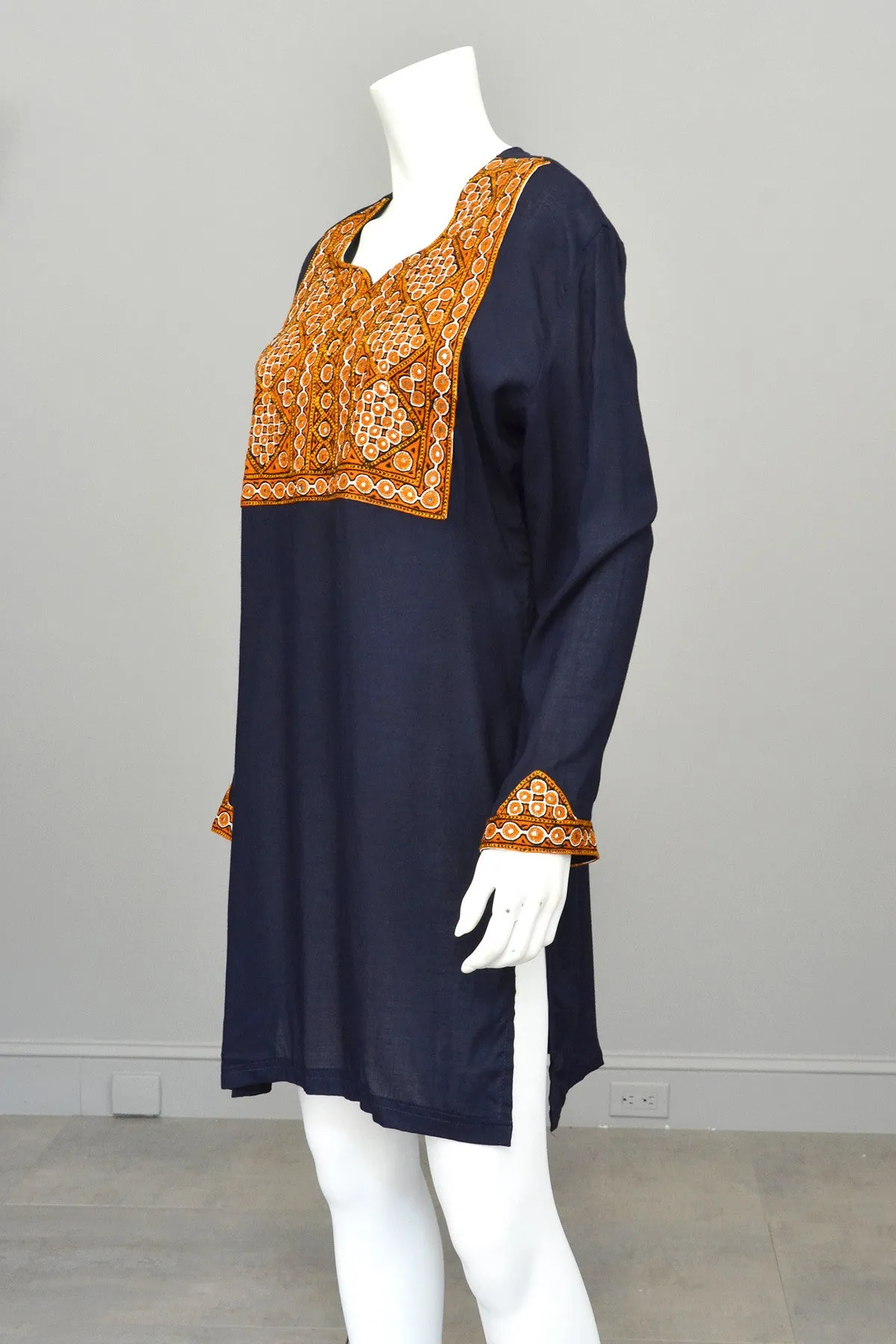 Navy Blue Gold Embroidered Mirrors India Tunic, Size L