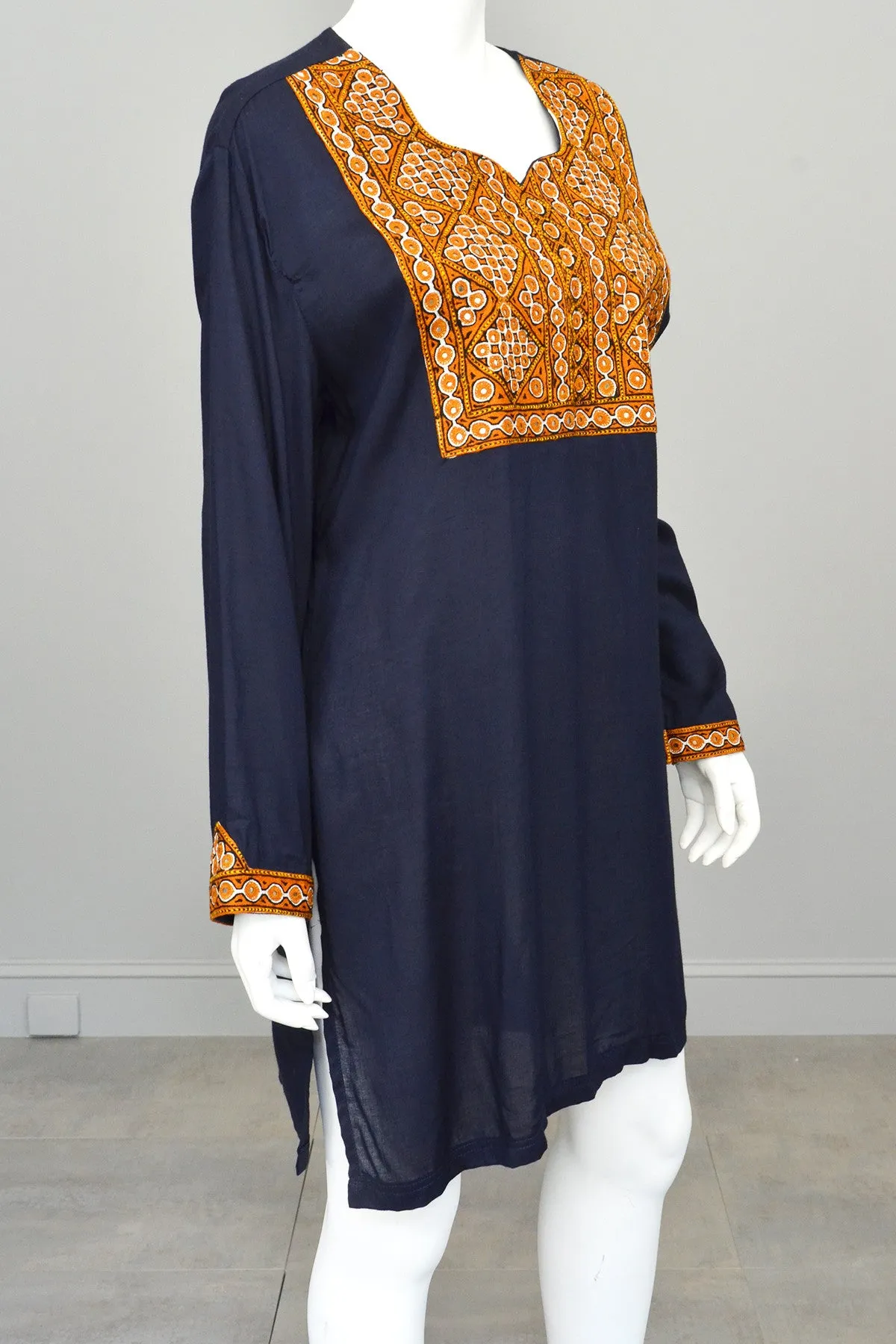 Navy Blue Gold Embroidered Mirrors India Tunic, Size L