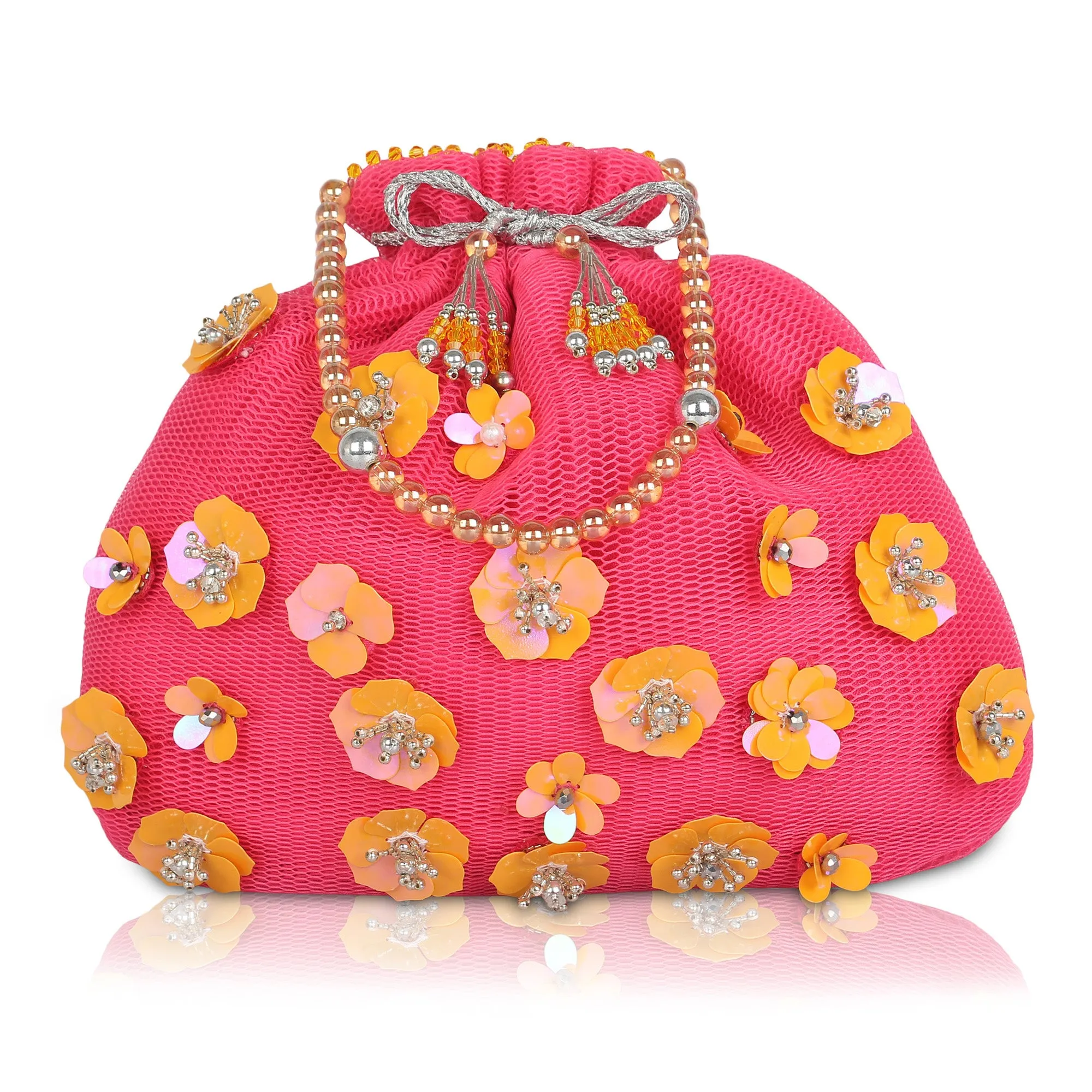 Pink Potli Bag, Embellished with Flowers