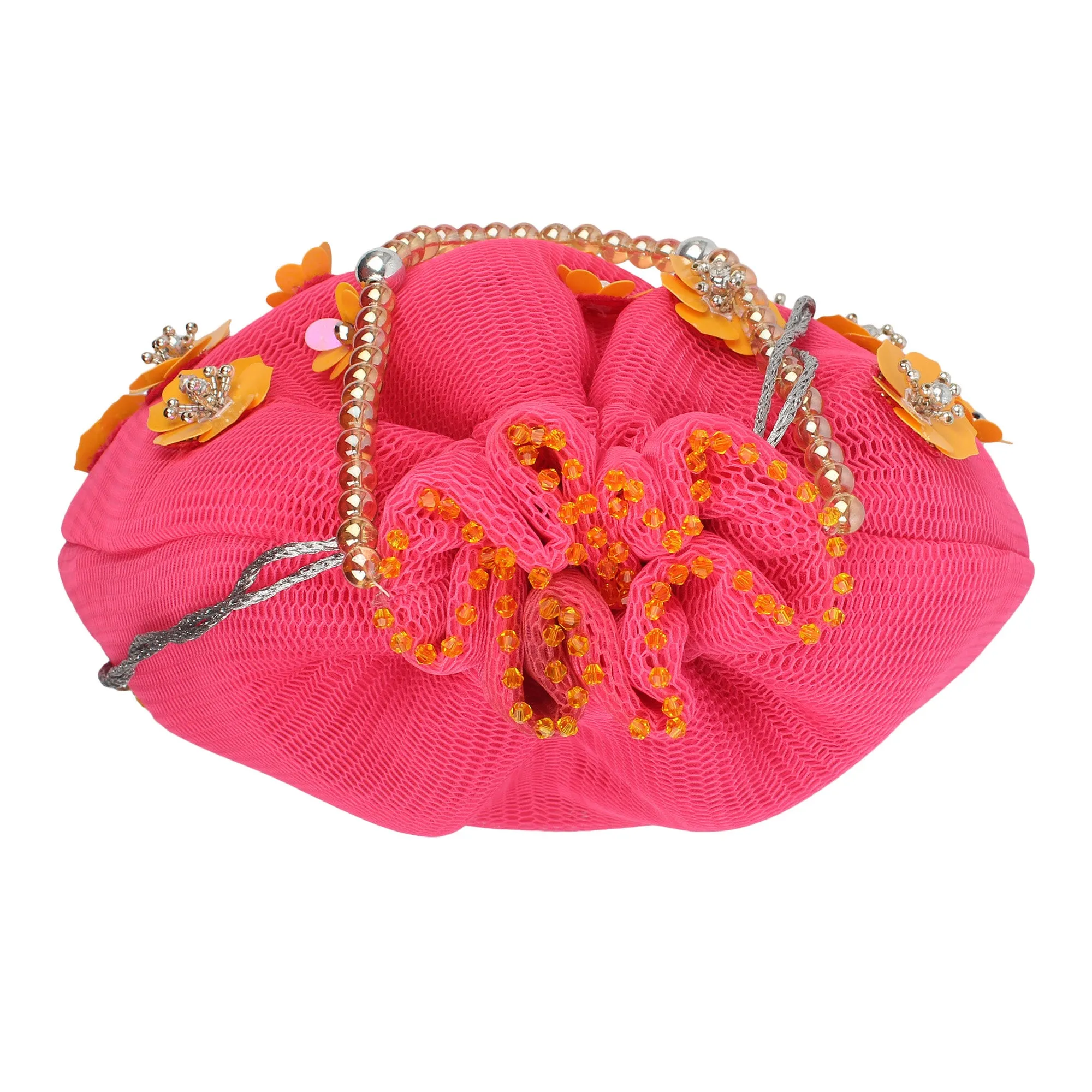 Pink Potli Bag, Embellished with Flowers