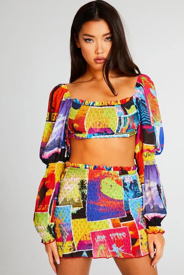 Surf Poster Print Puff Sleeve Organza Top