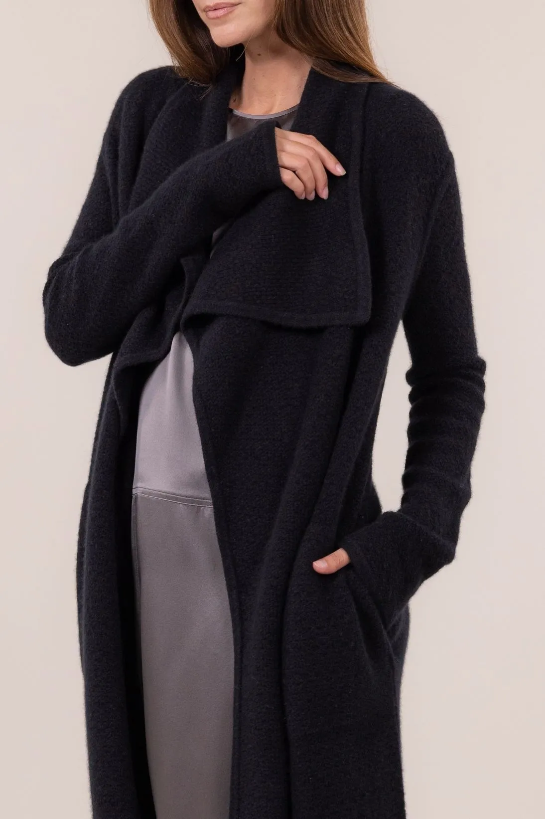 TEXTURED DRAPE FRONT CARDIGAN