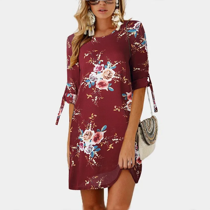 Women Floral Print Chiffon Beach Dress