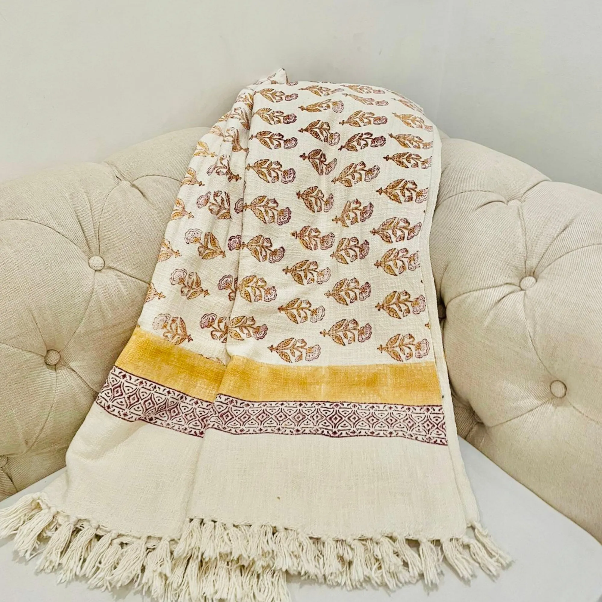 Yellow Mustard Printed Throw for Living Room, Hand Block Printed blanket for Couch, Decorative Throw, Yellow Cotton Throw with Tassels